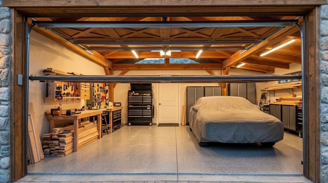 Masri Garage Door Service Interior View of Custom Garage Door Overhead and Workshop